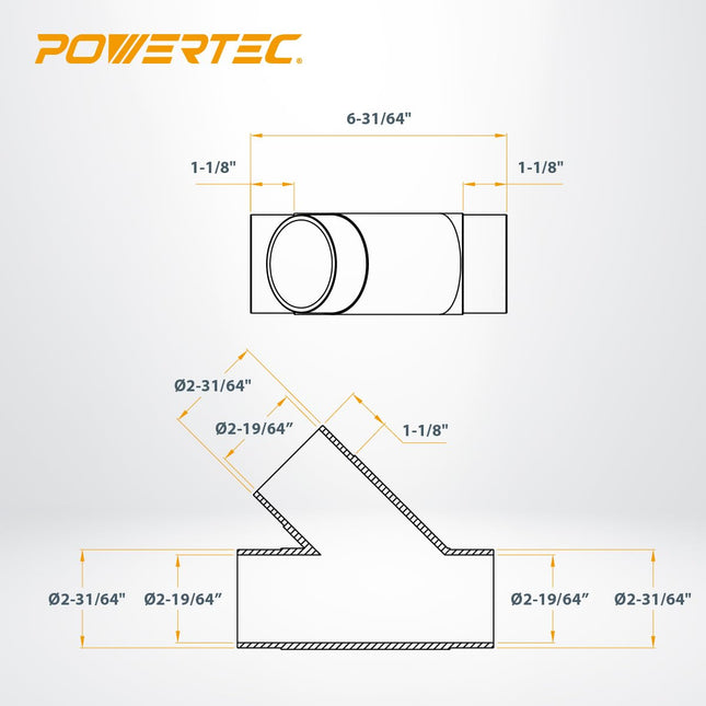POWERTEC 2-1/2 Inch Clear Y-Fitting Dust Collection Hose Connector, 2 Pack (70228-P2), Clear, 2.5 Inch