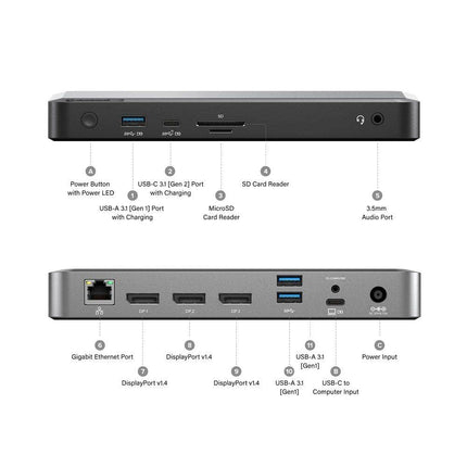 ALOGIC MX3 4K Triple Display 11-in-1 Docking Station with 100W Laptop Charging for windows, 3x DisplayPort, 3x USB-A, USB-C, 3.5mm TRRS Audio/Microphone Jack, RJ45 Ethernet, SD & Micro SD Card Reader