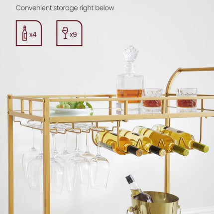 VASAGLE Bar Cart Gold, Home Bar Serving Cart, Wine Cart with 2 Mirrored Shelves, Wine Holders, Glass Holders, for Kitchen, Dining Room, Gold ULRC090A03