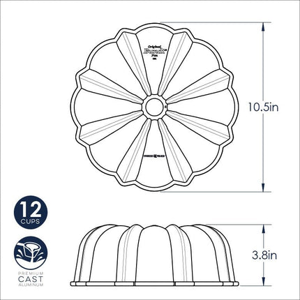 Nordic Ware Original 12-Cup Bundt Pan, Original Cast Aluminium Bundt Tin, Bundt Cake Tin with Fluted Pattern, Cake Mould Made in the USA, Colour: Graphite