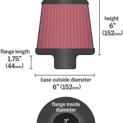 K&N Universal Clamp-On Air Filter: High Performance, Premium, Washable, Replacement Filter: Flange Diameter: 3 In, Filter Height: 6 In, Flange Length: 1.75 In, Shape: Round Tapered, RF-1047