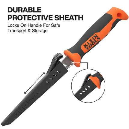 Klein Tools 31711 Fixed Blade Rasping Jab Saw with Sheath, Triple Ground Teeth Cuts Drywall, Plywood, Plastic and Wallboard, Hardened Steel Blade