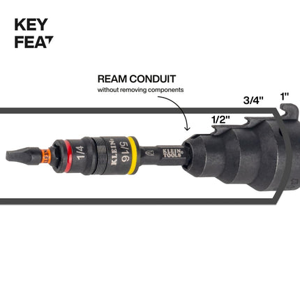 Klein Tools 85191HD Flip Socket Conduit Reamer Driver, 3-in-1 Impact-Rated Tool for 1/2-Inch, 3/4-Inch, 1-Inch Conduit, Integrated Quick-Connect Handle with Magnetic Bit Holder
