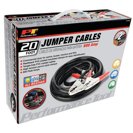 Performance Tool W1669 20' Commercial Duty 2-Gauge 800 PEAK AMP All Weather Jumper Cables for Tractors, Semis, Buses, and RVs