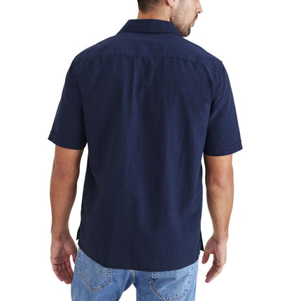 Dockers Men's Regular Fit Short Sleeve Camp Collar Shirt, (New) Navy Blazer - Solid (Seersucker), Large
