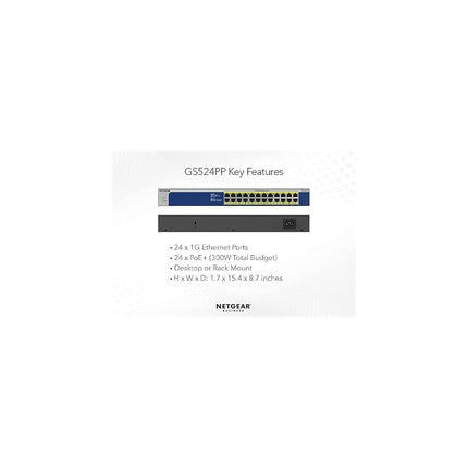 NETGEAR 24-Port Gigabit Ethernet Unmanaged PoE Switch (GS524PP) - with 24 x PoE+ @ 300W, Desktop or Rackmount, and Limited Lifetime Protection