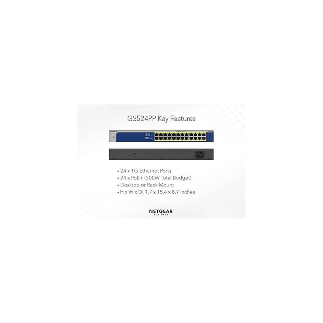 NETGEAR 24-Port Gigabit Ethernet Unmanaged PoE Switch (GS524PP) - with 24 x PoE+ @ 300W, Desktop or Rackmount, and Limited Lifetime Protection
