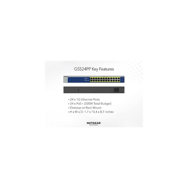 Switch PoE Gigabit Ethernet no gestionado de 24 puertos NETGEAR (GS524PP) - con 24 puertos PoE+ a 300 W, de sobremesa o montaje en rack, y protección de por vida limitada