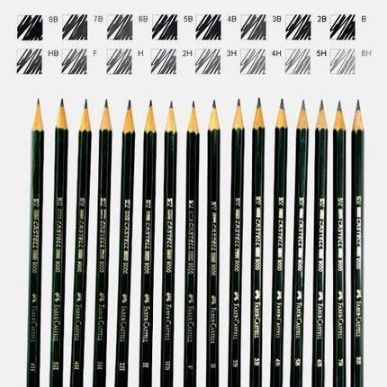 Faber-Castell 9000 Juego de lápices de grafito artístico, los mejores regalos, 12 unidades con 12 grados de dureza (2H, H, F, HB.) + 1 goma de borrar amasada + 1 goma de borrar grande sin polvo + 1 sacapuntas Faber
