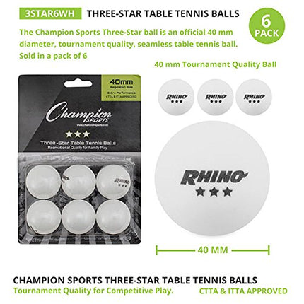 Champion Sports 3 Star Table Tennis Ball Pack, Tournament Grade, White, 40mm Seamless Design, 6 Balls