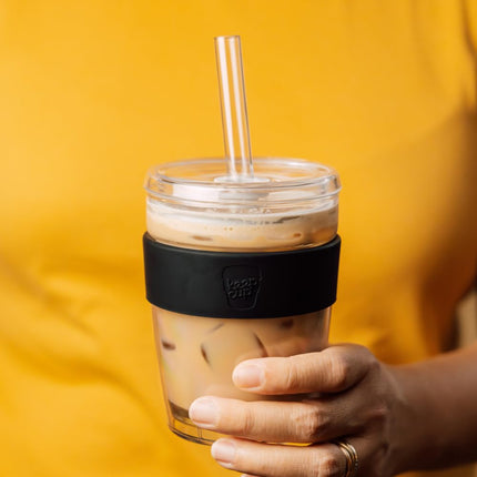 KeepCup Longplay Cold Cup - Double wall Glass, Reusable Ice Coffee Cup with Boba Straw and Lid - Medium 12oz (340ml) - Black