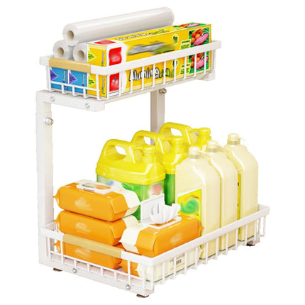 Under Sink Organizer, Under Kitchen Sink Organizers and Storage Basket, Slide Out 2 Tier Metal Shelf, Carbon Steel Pantry Cabinet Organizer for Bathroom Kitchen