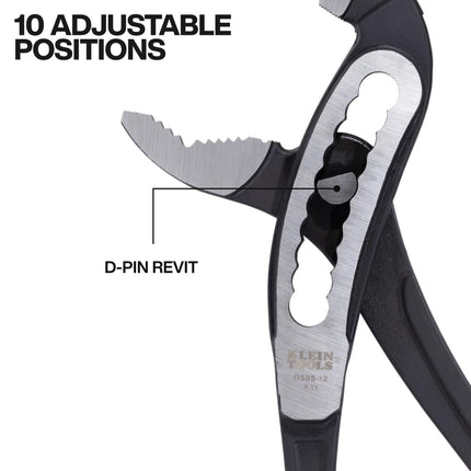 Klein Tools D50512 12-Inch Pump Pliers, Classic Klaw Quick-Adjust Tongue and Groove, Curved Jaw, Hardened Teeth for Maximum Torque