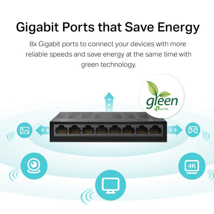 TP-Link Litewave 8 Port Gigabit Ethernet Switch | Desktop Ethernet Splitter | Plastic Case | Unshielded Network Switch | Plug & Play | Fanless Quiet | Unmanaged (LS1008G)