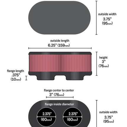 K&N Universal Clamp-On Air Filter: High Performance, Premium, Washable, Replacement Engine Filter: Flange Diameter: 2.375 In, Filter Height: 3 In, Flange Length: 0.375 In, Shape: Oval, RU-2922