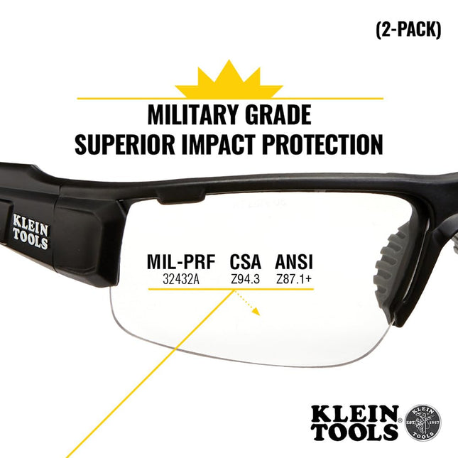 Klein Tools 60172 Safety Glasses, Professional PPE Protective Eyewear with Semi Frame, Scratch Resistant, Anti-Fog, Clear Wide Lens, 2-Pack