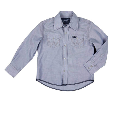 Camisa de manga larga con broches Wrangler para niño, blanca, cambray azul, extragrande