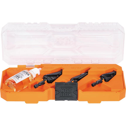 Klein Tools QRST3PC 3-Piece Impact Step Drill Bit Set with Cutting Oil and Modular Case, 1/2 to 7/8-Inch, Quick Release Hex Shank