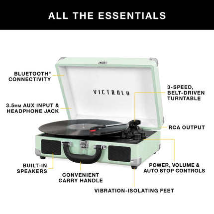 Platine vinyle portable Victrola Journey Bluetooth – avec haut-parleurs intégrés, platine 3 vitesses, sortie RCA, prise casque (marron foncé)