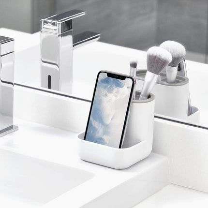 iDesign 28552 Toothbrush Holder, Compact Plastic Make-up Organiser with 3 Compartments, Sturdy Sink Caddy for Make-up Brushes and Bathroom Accessories, White and Grey, 10.4 x 10.0 x 10.2 cm