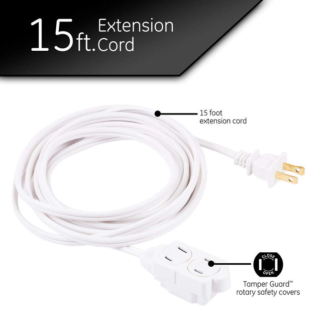 GE 3-Outlet Extension Cord with Multiple Outlets 15 Ft Extension Cord Power Strip 2 Prong 16 Gauge Twist-to-Close Safety Outlet Covers Outdoor Extension Cord Outlet Extender UL Listed Black 45154