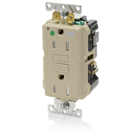 Leviton GFWT1-HGI 15 A-125 V, prise double GFCI à auto-test, de qualité hospitalière, très robuste, inviolable et résistante aux intempéries, ivoire, 15 A