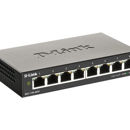 D-Link DGS-1100-08V2 8-Port Gigabit Smart Managed Switch with VLAN support, layer 2 features, QoS, 802.3az EEE, Fanless, Black