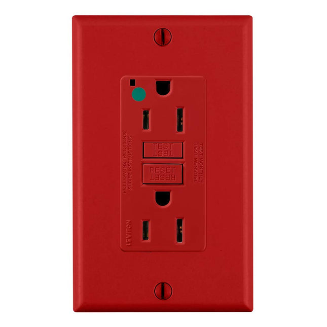 Leviton 15A-125V Receptáculo GFCI de doble toma de auto-prueba, extra resistente, de grado hospitalario, no antimanipulación, 15 amperios, GFNT1-HGR, rojo