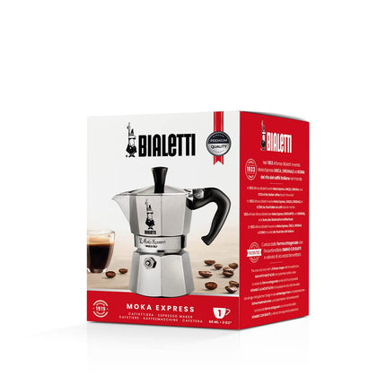Bialetti - Moka Express Stovetop Espresso Maker, 1 Cups (60 ml) Capacity – Makes Real Italian Coffee – Iconic Moka Pot with Patented Safety Valve, Ergonomic Handle, Aluminium, Silver