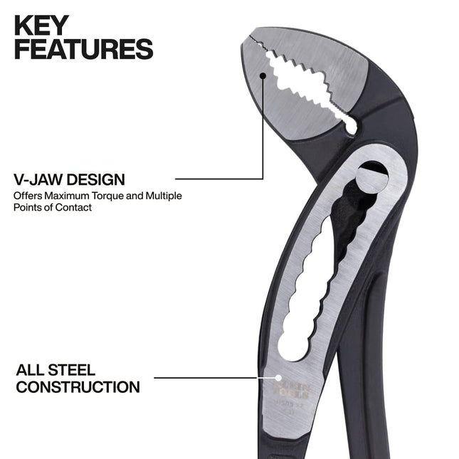 Klein Tools D50512 12-Inch Pump Pliers, Classic Klaw Quick-Adjust Tongue and Groove, Curved Jaw, Hardened Teeth for Maximum Torque