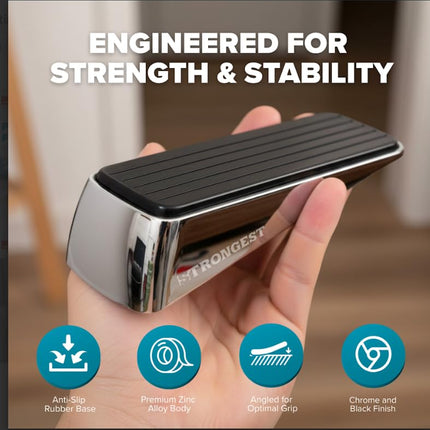 Strongest Home Door Stopper, Set of 4 Heavy Duty Door Stop Wedge Made of Premium Quality Zinc and Rubber Suits Any Door, Any Floor. Plus 2 Self Adhesive Wall Protectors (Black Silver)
