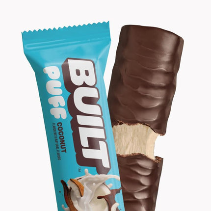 Built Bar 12 Pack High Protein and Energy Bars- Low Carb, Low Calorie, Low Sugar-Covered in 100% Real Chocolate - Delicious, Healthy Snack - Gluten Free (Coconut Puff)