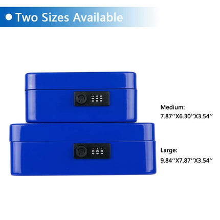 KYODOLED Cash Box with Combination Lock,Safe Metal Box for Money,Storage Lock Box with Money Tray,7.87"x 6.30"x 3.54" Blue Medium