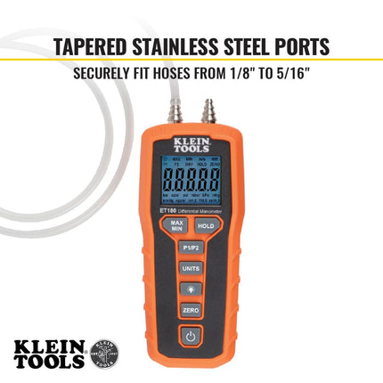 Digital Manometer, Air and Gas Pressure Tester, Differential Dual Port Pressure Gauge, Large LCD Display with Backlight Klein Tools ET180