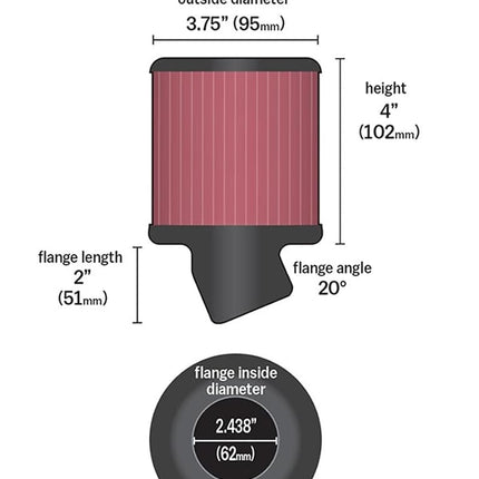 K&N Universal Clamp-On Air Filter: High Performance, Premium, Washable, Engine Filter: Flange Diameter: 2.4375 In, Filter Height: 4 In, Flange Length: 2 In, Shape: Round, RU-1750
