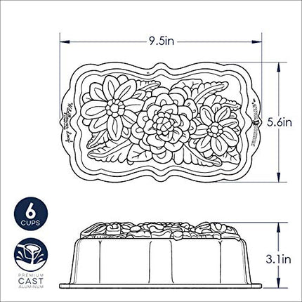 Nordic Ware Molde para Pan con Diseño de Flores Silvestres, Molde Original de Aluminio Fundido, Molde Bundt Cake con Diseño Floral, Molde para Tartas Fabricado en EE. UU., Color: Caramelo, Capacidad de 6 Tazas