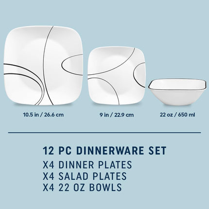 Service de table Corelle 18 pièces, motifs Simple Lines, noir et blanc, pour 6 personnes