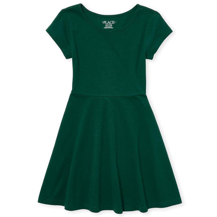 The Children's Place Girls' Big Short Sleeve Solid Knit Pleat Dress, Spruceshad, 10-12