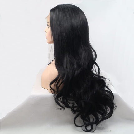 Xiweiya 1B Black Wigs Long Body Wavy Synthetic 12×1 T Part Synthetic Lace Front Wig Dark Black Soft Natural Hair Replacement Full Wig Heat Resistant Fiber For Women 24 inch