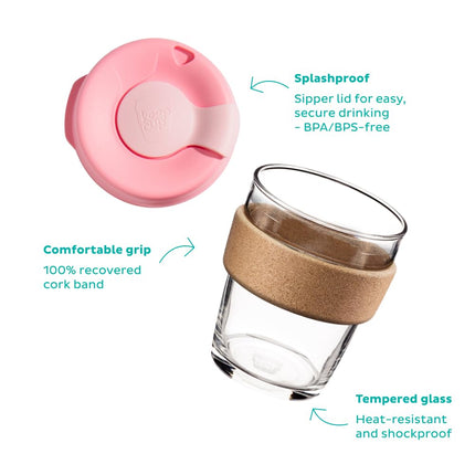 KeepCup Brew Cork, Reusable Tempered Glass Coffee Cup with Recovered Cork Band and Splashproof Lid, Barista Standard, BPA Free, Dishwasher Safe, 340ml 12oz Press