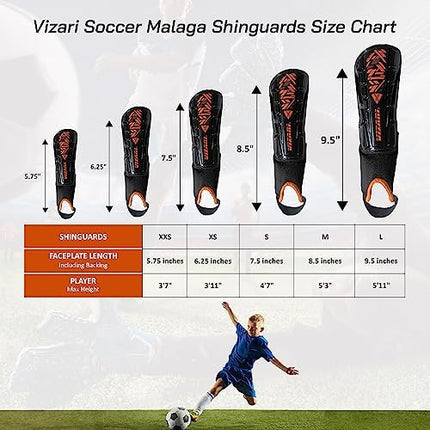 Vizari Malaga Football Shin Pads - Adults & Kids Shin Guards With Ankle Support - Non-Slip Adjustable Straps For Men and Women, Black/Orange XX - Small
