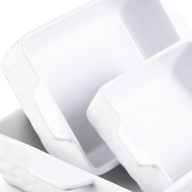 GarveeHome Juego de 3 bandejas para hornear, juego de utensilios de cerámica para hornear con asas, bandejas de porcelana para horno y microondas, bandeja profunda para lasaña para hornear, cocinar, regalo de boda - Blanco