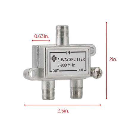 Divisor de cable coaxial GE de 2 vías, rango de 5-900 Mhz, compatible con cable coaxial RG59 RG6, audio, video, funciona con TV HD, cable, amplificadores, antenas amplificadas, níquel, resistente a la corrosión, 35046