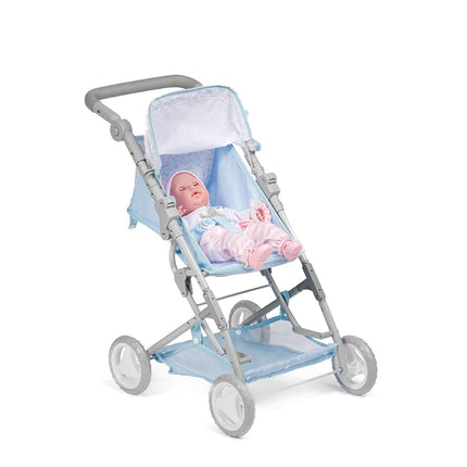 JC Toys - Folding stroller, for dolls up to 45 cm, Ideal for playing and walking, Blue with floral decoration, designed by Berenguer, +3 years