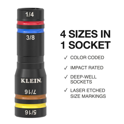 Klein Tools 651QS Quad Socket, 4 Sizes in 1 Socket, 4-in-1 Color Coded SAE Impact Rated, Deep-Well Heavy-Duty, 1/4-Inch Drive, 3-1/2-Inch Shaft