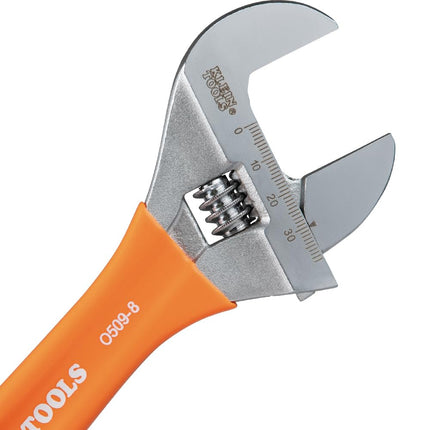 KLEIN TOOLS O5098 Adjustable Wrench, Extra-Wide Jaw, Forged Heat-Treated Alloy Steel, SAE and Metric Scales, Plastic-Dipped Handle, 8-Inch