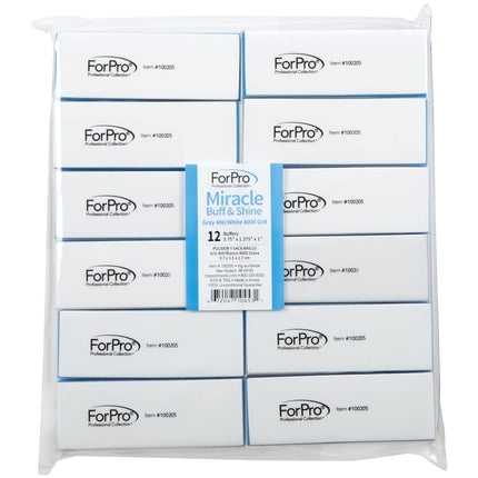 ForPro Professional Collection Miracle Buff & Shine - Grey 400/White 4000 Grit- Twelve (12) Double Sided Manicure & Pedicure Buffers - 1” H x 1.375” W x 3.75” L