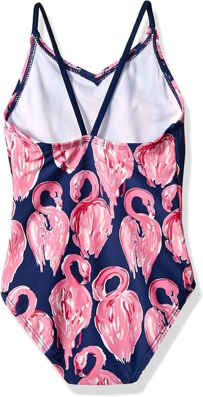 Kanu Surf Girls' Daisy Beach Sport 1-Piece Swimsuit, Hallie Navy Flamingo, 14