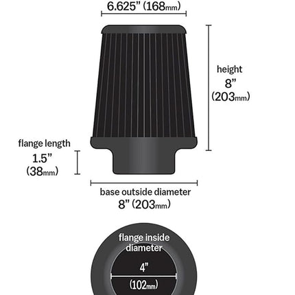 K&N Universal Clamp-On Air Filter: High Performance, Premium, Washable, Replacement Filter: Flange Diameter: 4 In, Filter Height: 8 In, Flange Length: 1.5 In, Shape: Round Tapered, RU-5171HBK