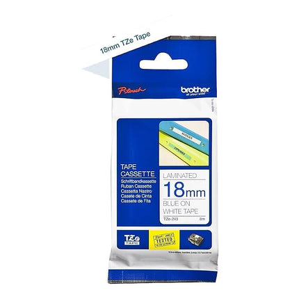 Brother Tape, Retail Packaging, 3/4 Inch, Blue on White (TZe243) - Retail Packaging